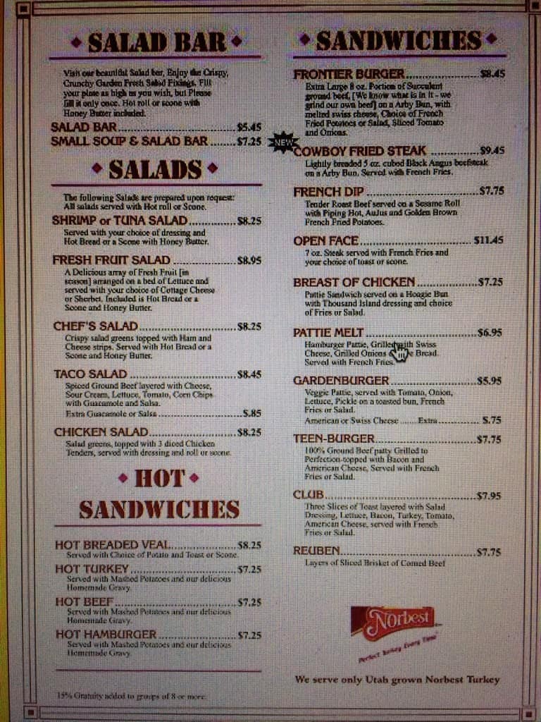 Menu At Frontier Grill Restaurant Roosevelt