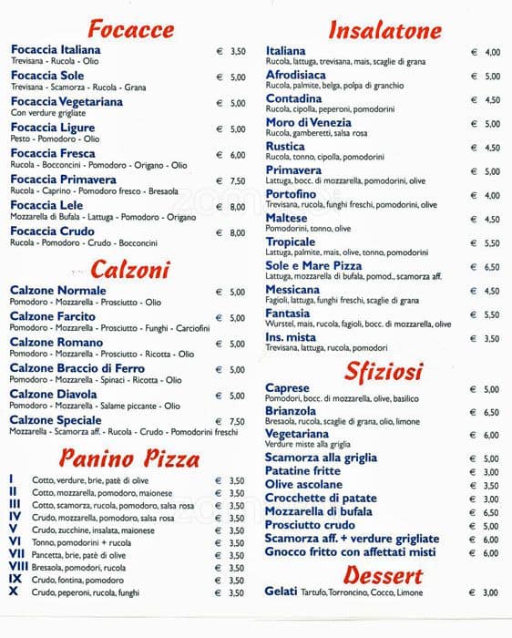 Menu di Sole Mare Pizza 