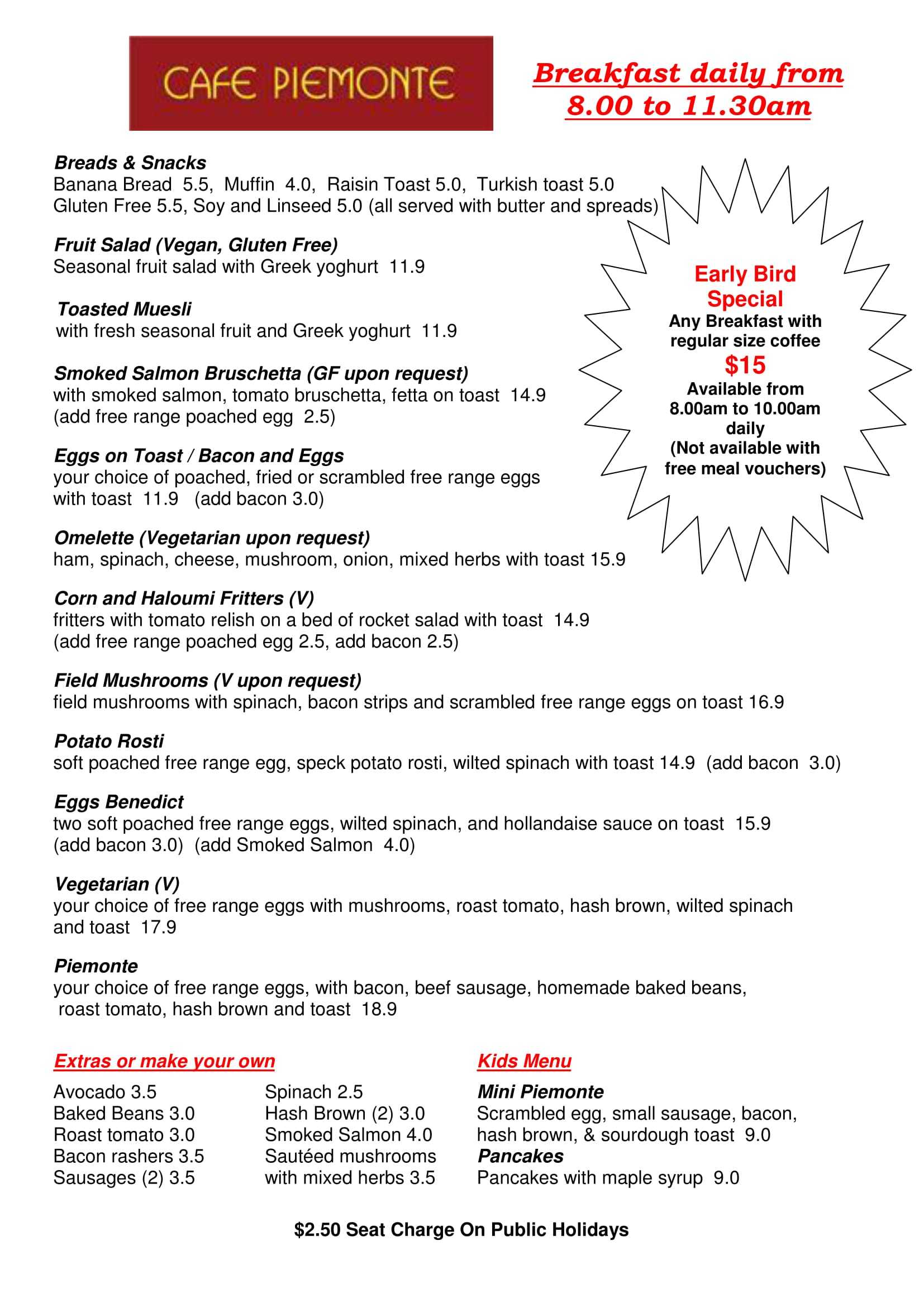 Piemonte Cafe Menu, Menu untuk Piemonte Cafe, Terrey Hills, Sydney