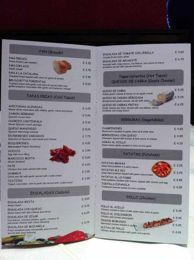Menu at Casa Tapas restaurant, Rawtenstall