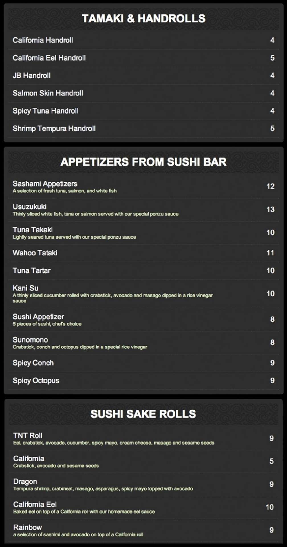 Menu at Sushi Sake Brickell restaurant, Miami, 261 SW 8th St