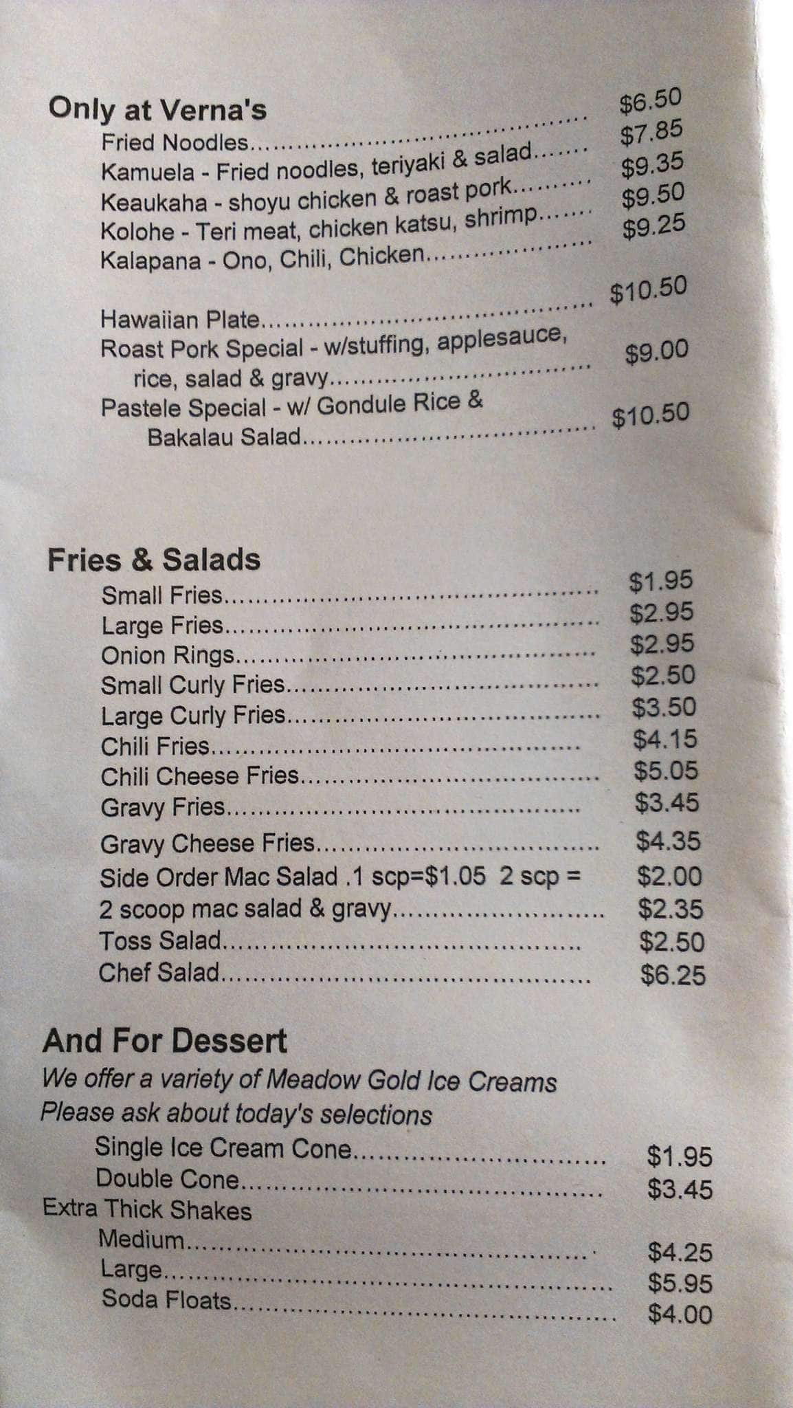 Menu at Vernas III restaurant, Hilo