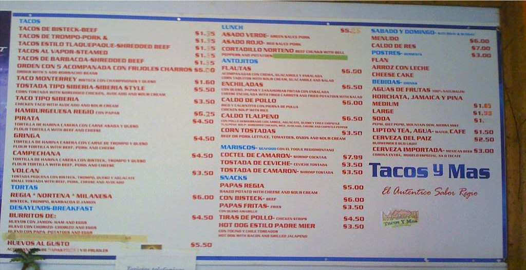 Monterrey Tacos y Mas Menu, Menu for Monterrey Tacos y Mas, Inner City