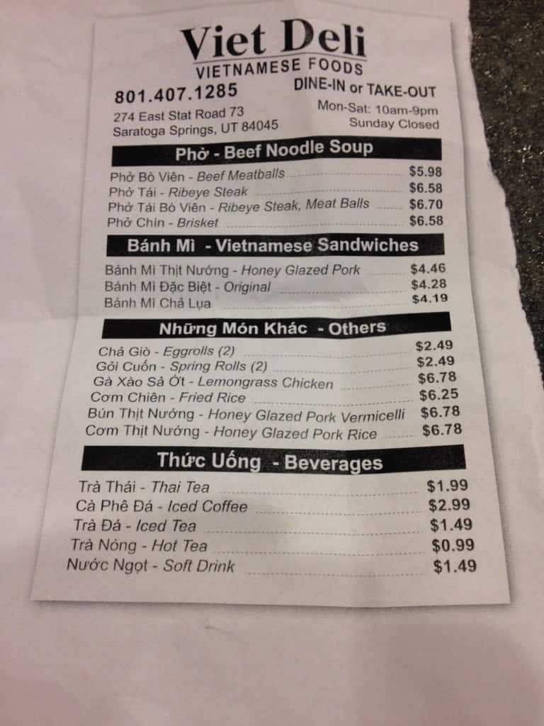 Viet Deli Menu, Menu for Viet Deli, Saratoga Springs, Salt Lake City