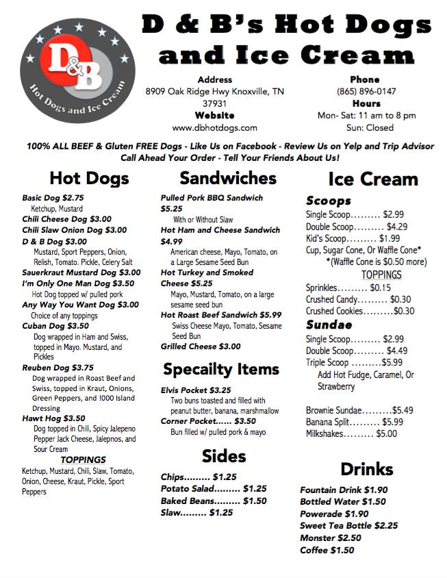 D B Hot Dogs And Ice Cream Menu
