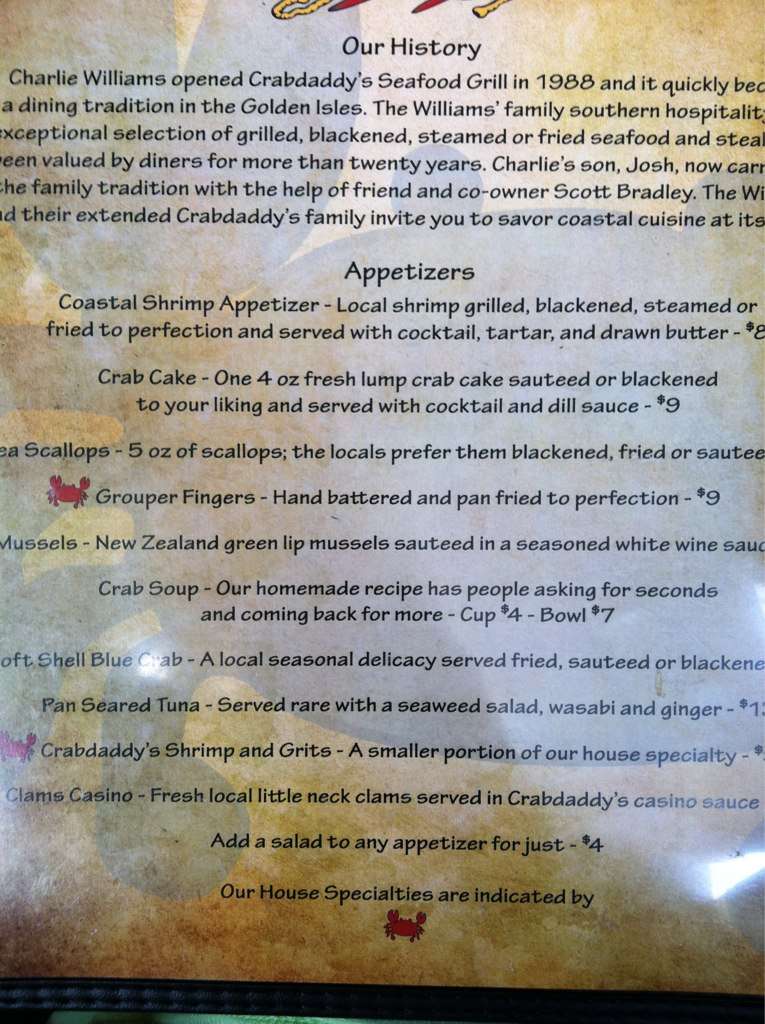 Menu at Crabdaddy's Seafood BarGrill, Saint Simons Island