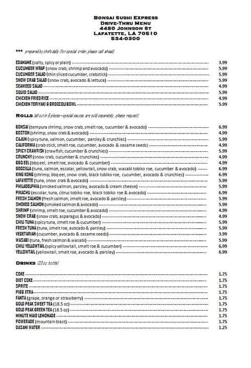 Bonsai Sushi Express Menu, Menu for Bonsai Sushi Express, Lafayette ...