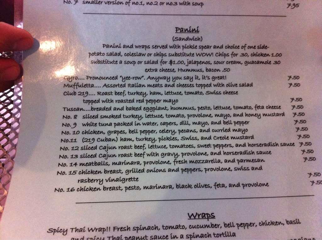 Carta de 219 Restaurant