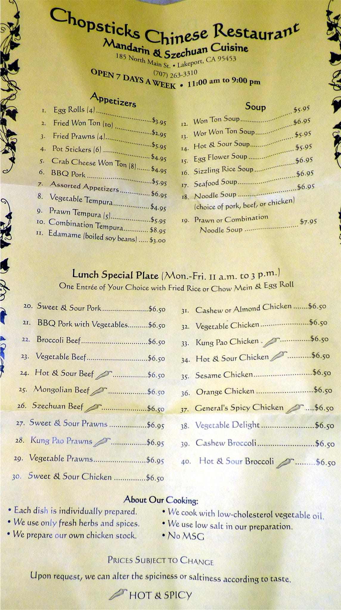 chopsticks chinese food menu