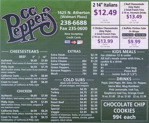Menu at CC Peppers fast food, State College, N Atherton St