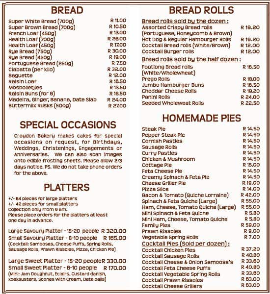 Menu at Croydon Bakery, Kempton Park