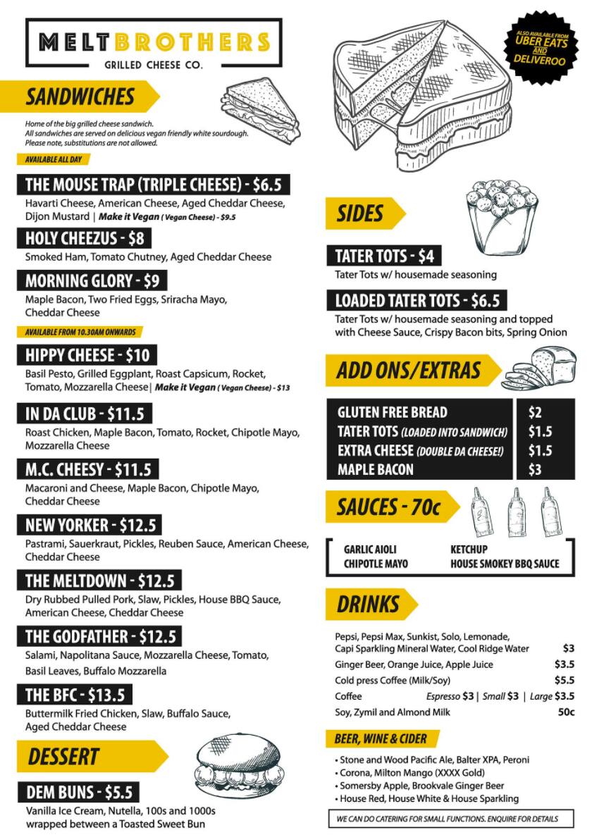 Melt Brothers Menu, Menu for Melt Brothers, Brisbane CBD, Brisbane