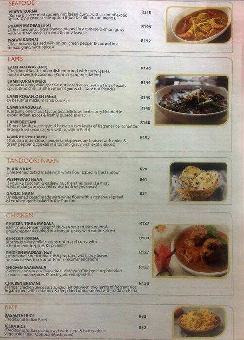 Menu At The Indian Chapter Restaurant 2 Cape Town