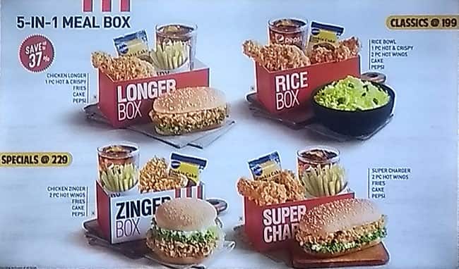 KFC menu