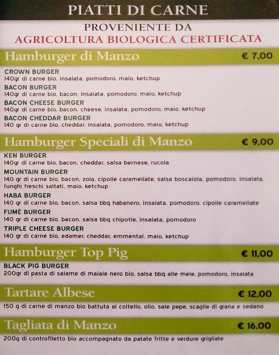 Menu di Matricola Pub 