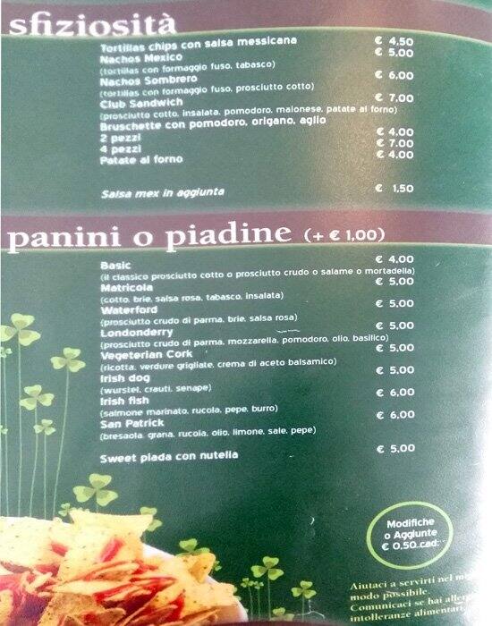 Menu di Matricola Pub 