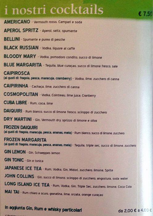 Menu di Matricola Pub 