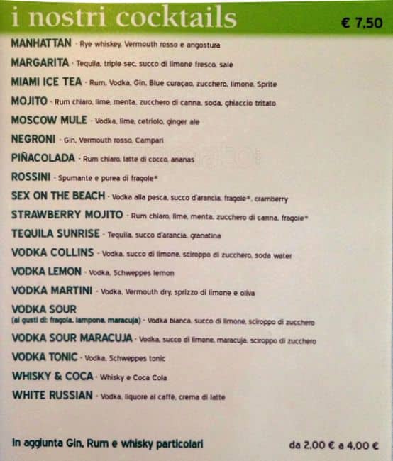 Menu di Matricola Pub 