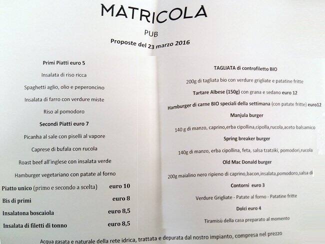 Menu di Matricola Pub 