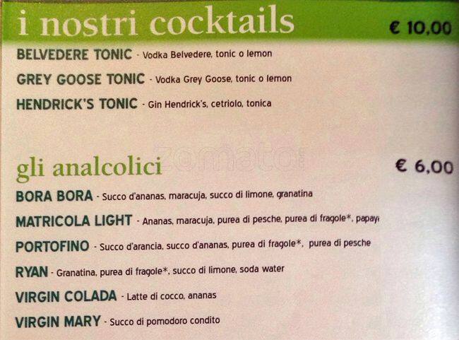Menu di Matricola Pub 