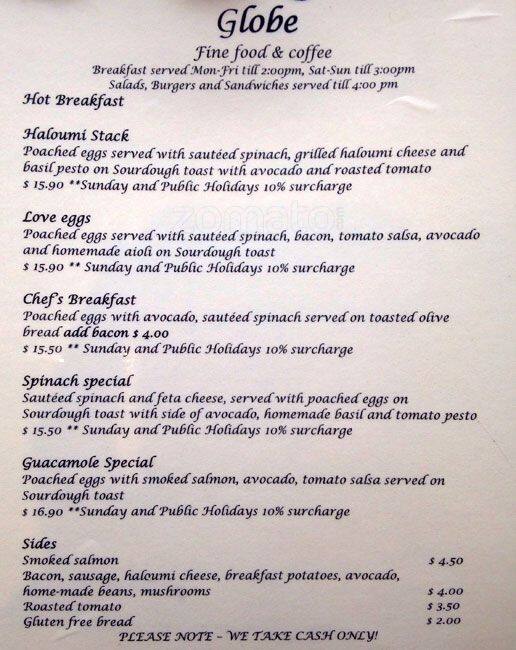 Globe Fine Food and Coffee Menu Urbanspoon/Zomato