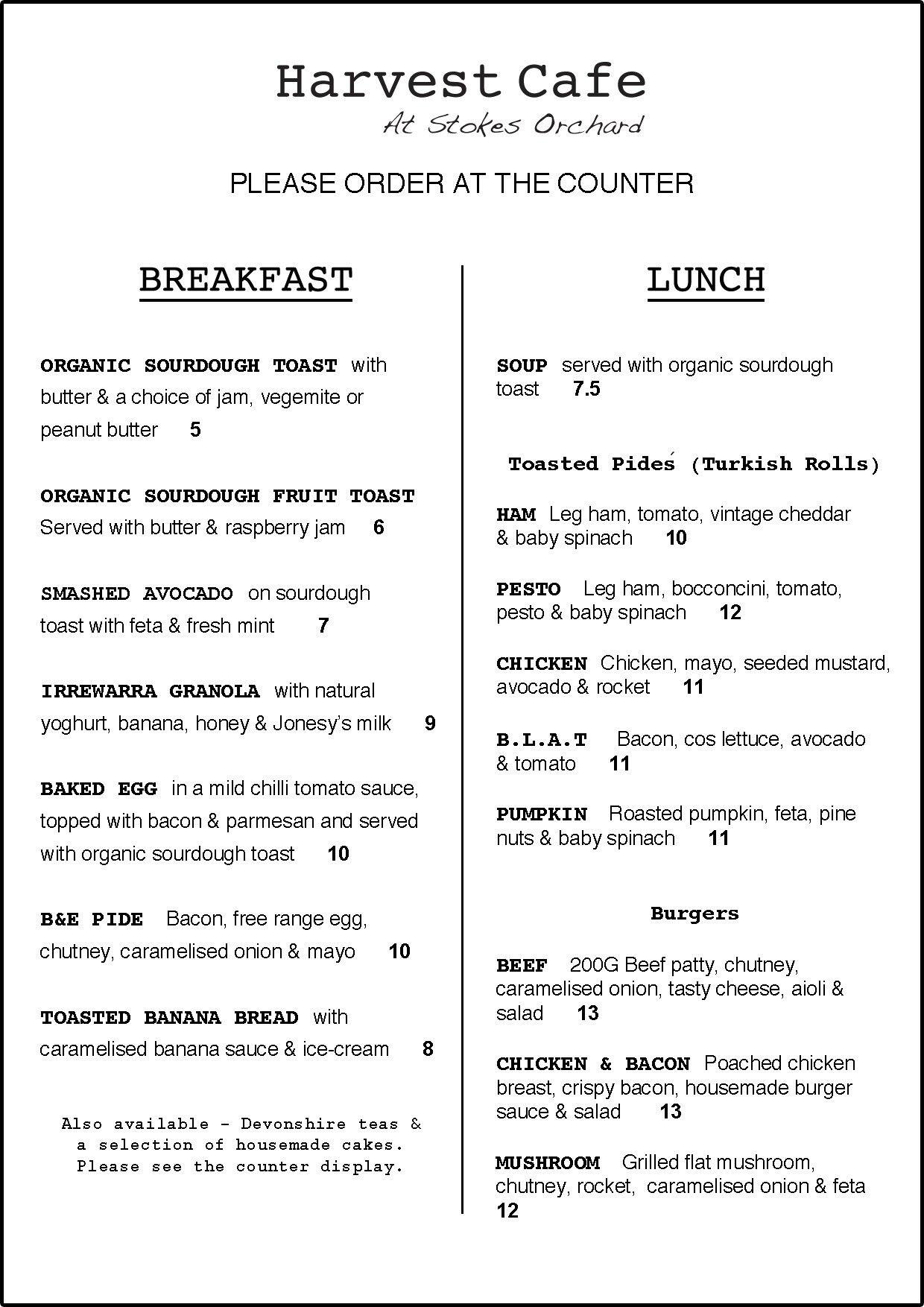 Menu at Harvest Cafe at Stokes Orchard, Upper Plenty