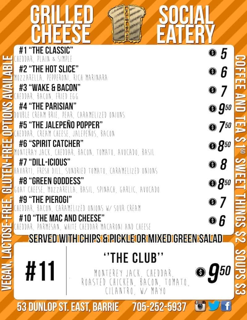 Menu at Grilled Cheese Social Eatery cafe, Barrie