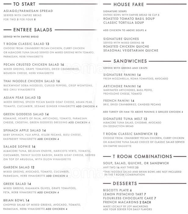 T Room At Forty Five Ten Menu Menu For T Room At Forty Five