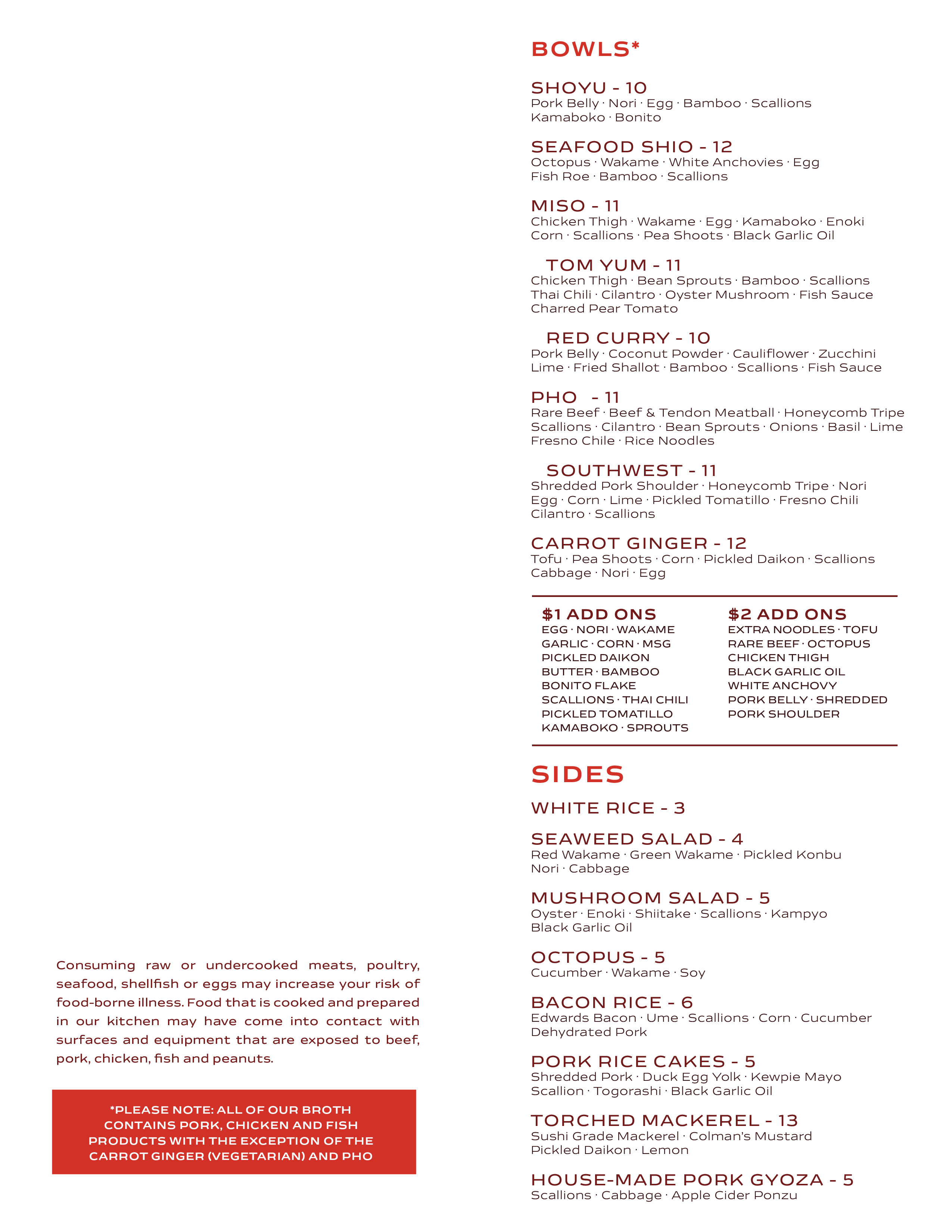 Menu at Johnny Noodle King restaurant, Detroit