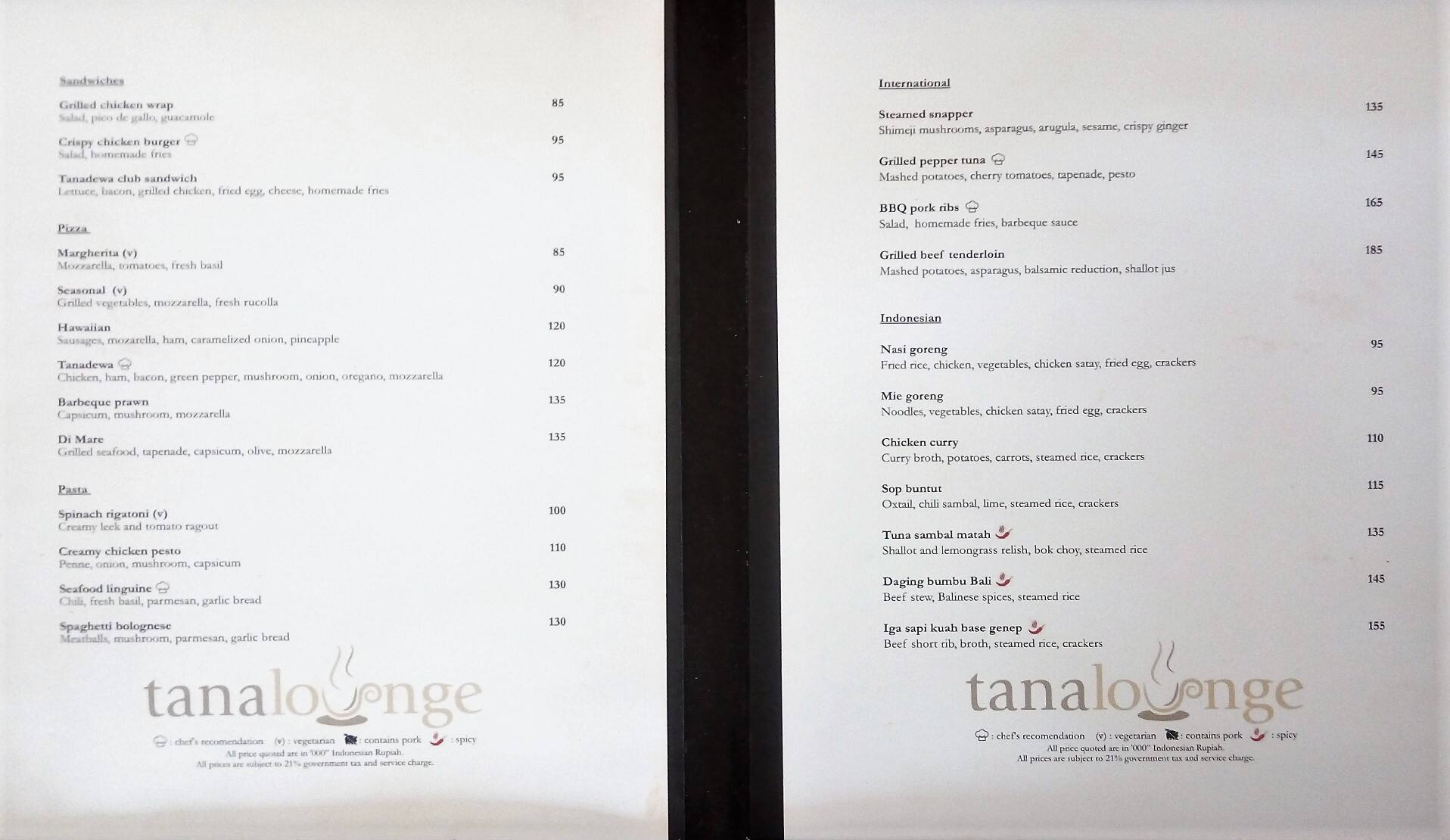 Menu Of Tanalounge Tanadewa Villas Spa Nusa Dua Bali