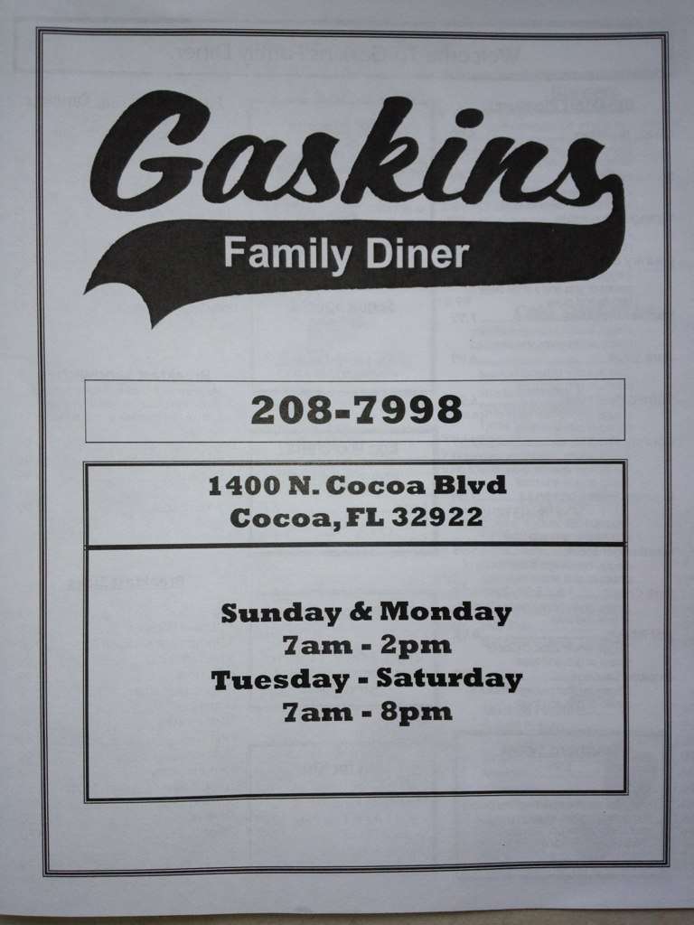 Gaskin S Family Diner Menu Menu For Gaskin S Family Diner Cocoa