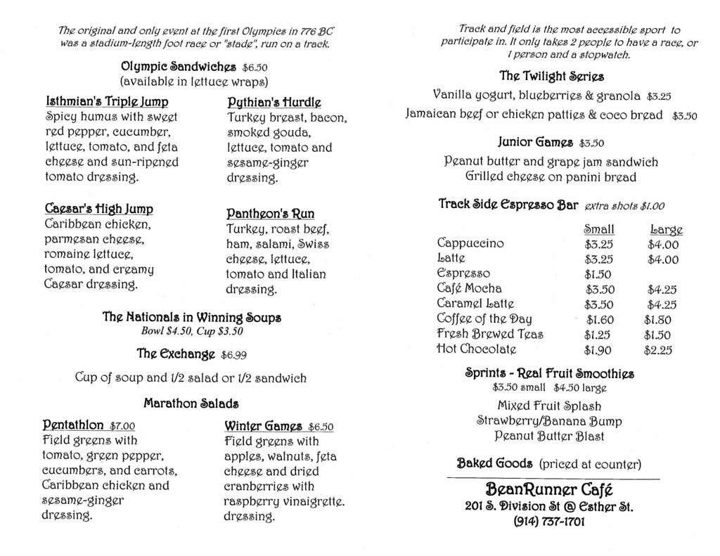 Carta de Bean Runner Cafe, Peekskill