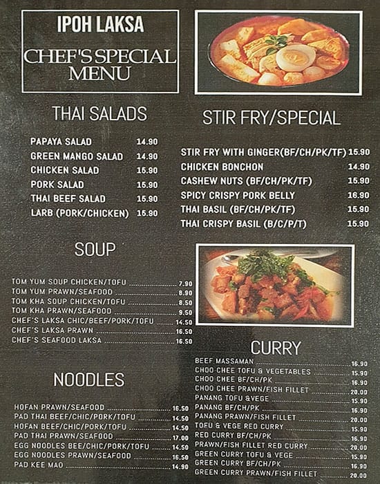 Menu at Ipoh Laksa restaurant, Strathpine