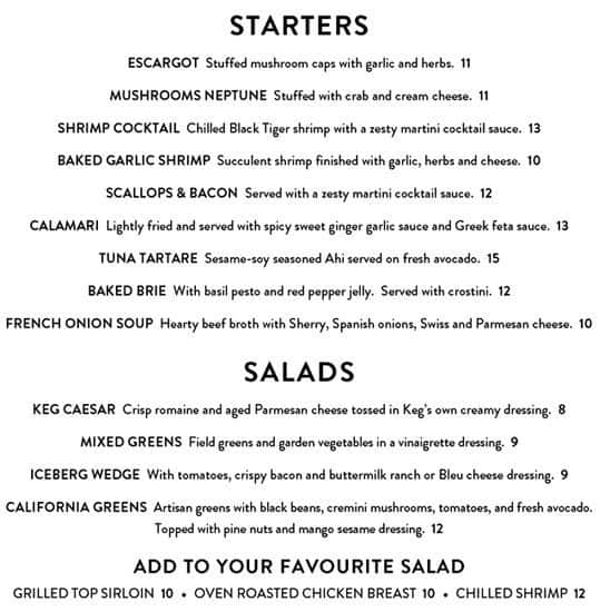 The Keg Menu, Menu for The Keg, Yonge & Eglinton, Toronto Urbanspoon