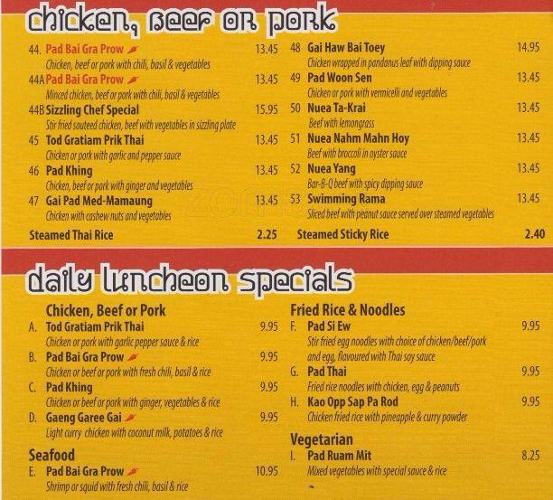 Menu at Thai Coconut restaurant, Ottawa