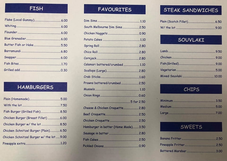 Menu at Fish Bites fast food, Ferntree Gully