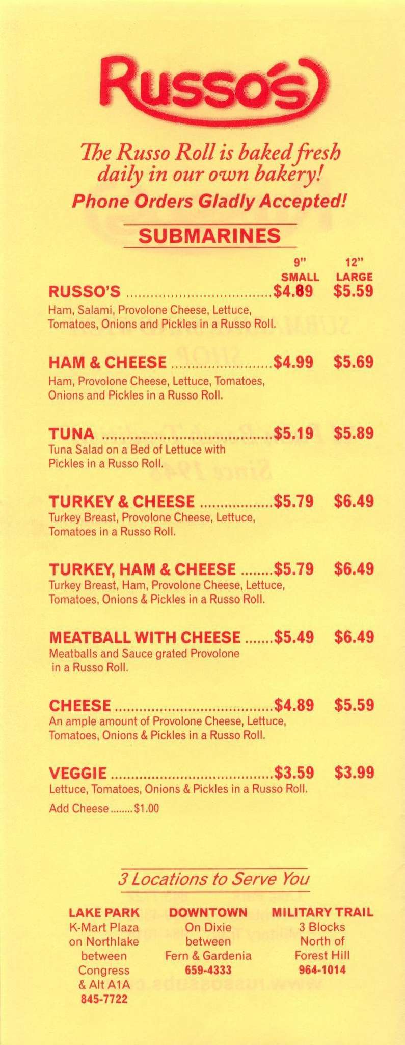 Russo's Submarine Sandwich Shop Menu Urbanspoon/Zomato