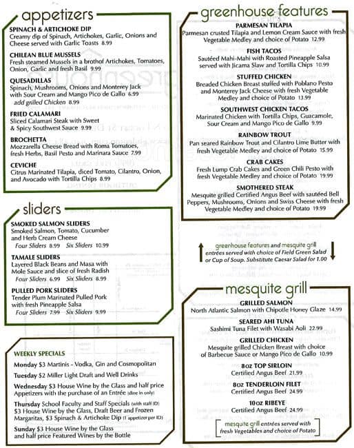 Menu at GreenHouse Restaurant, Denton