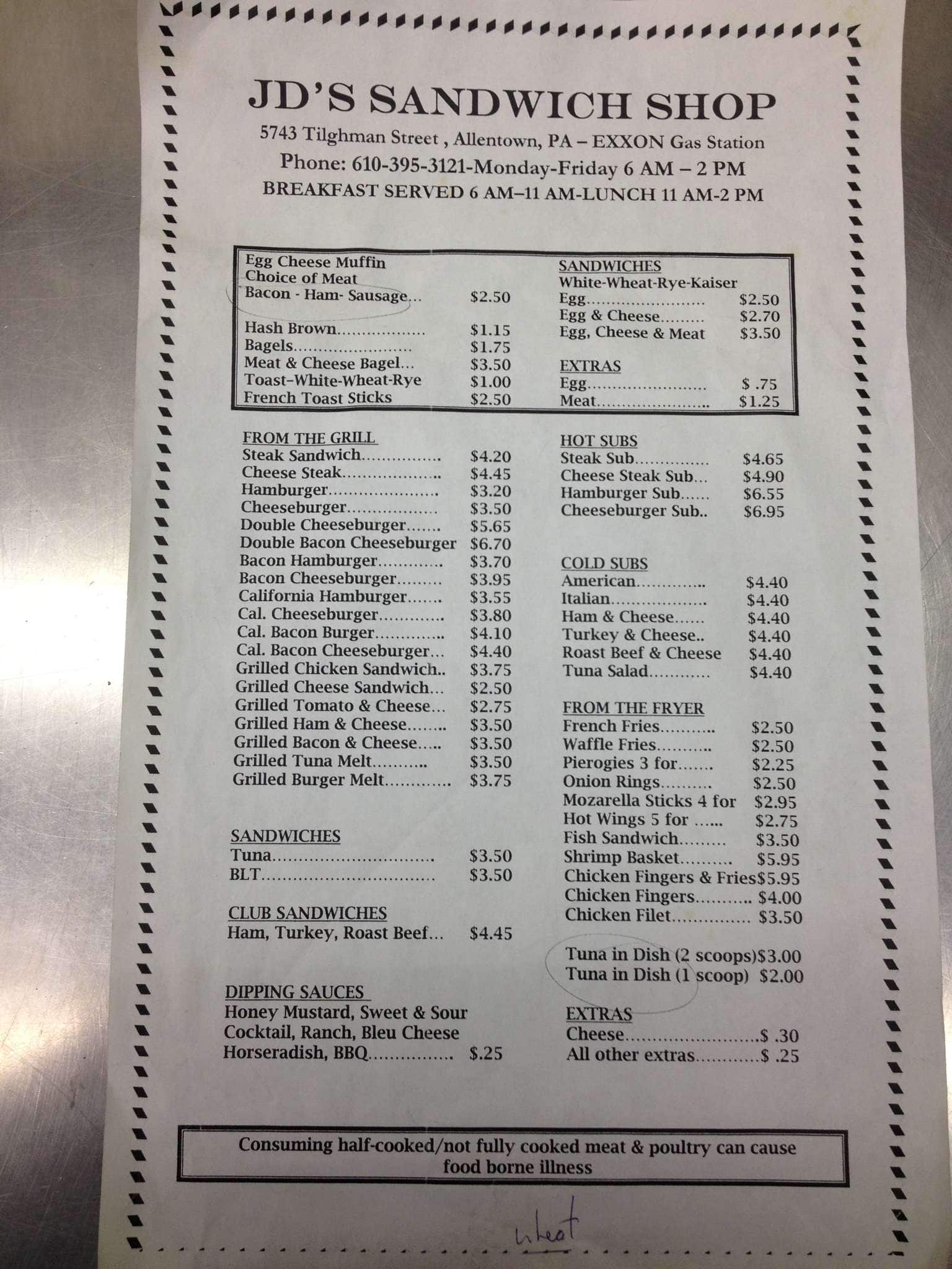 J D's Sandwich Shop Menu, Menu for J D's Sandwich Shop, Allentown