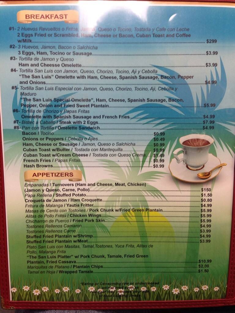 Menu at San Luis Cuban Cafe Restaurant, Fort Myers