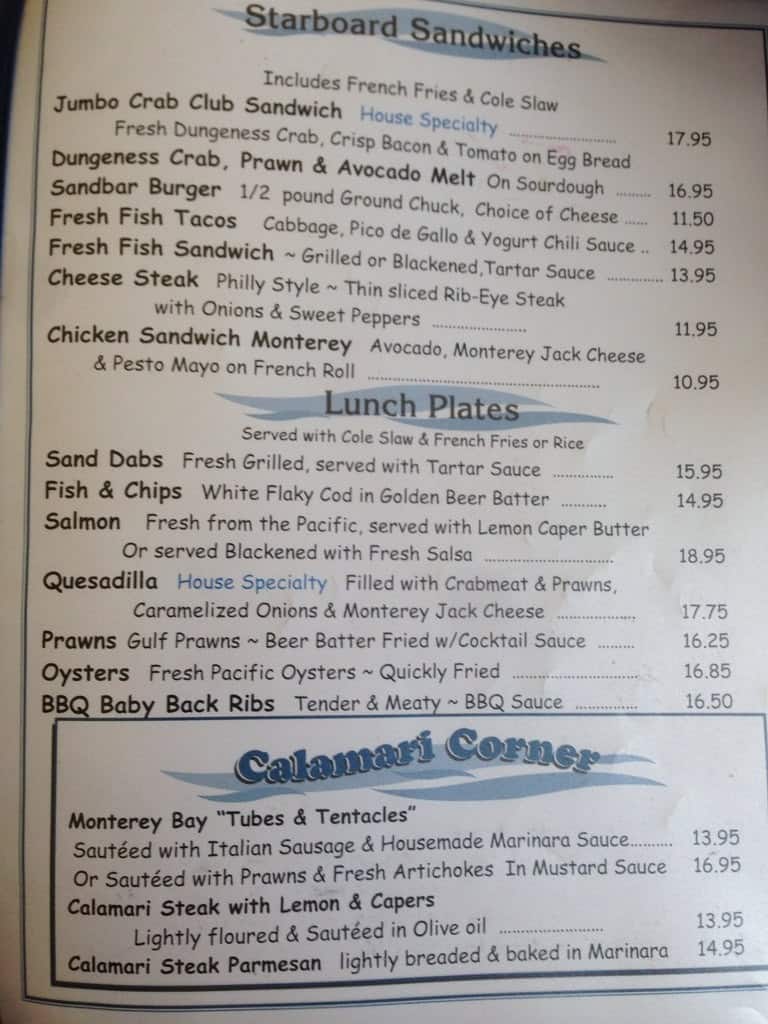 Menu at Sandbar & Grill, Monterey