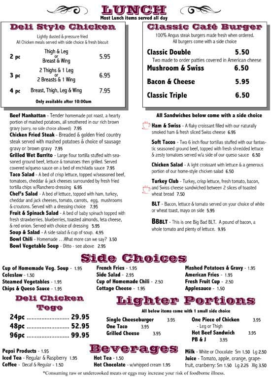 Menu at Curve Cafe, Mishawaka