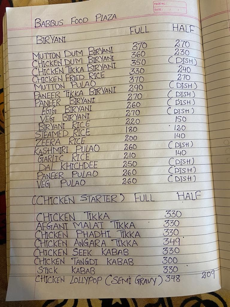 Babbu Biryani menu