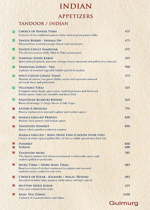 Menu of Gulmurg The Shalimar Hotel, Kemps Corner, Mumbai