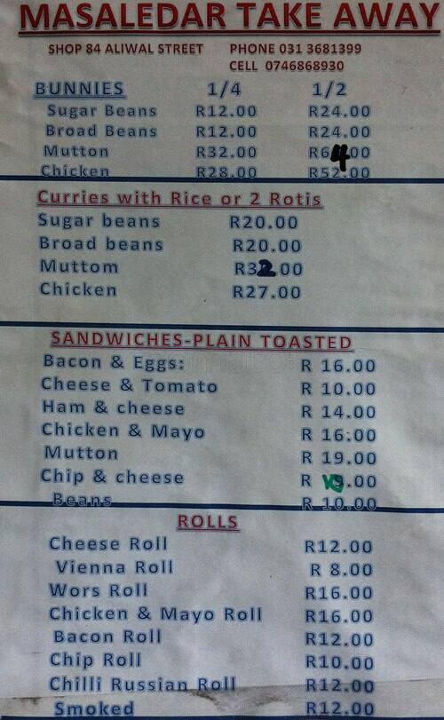 Masaledar Takeaway Menu, Menu for Masaledar Takeaway, Durban Central