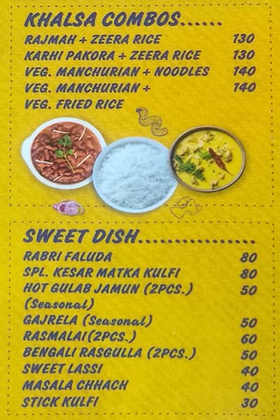 Khalsa Vaishno Dhaba menu