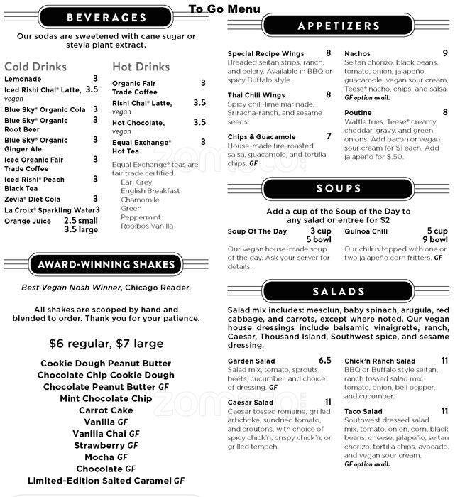 The Chicago Diner menu, Menu restauracji The Chicago Diner, Logan