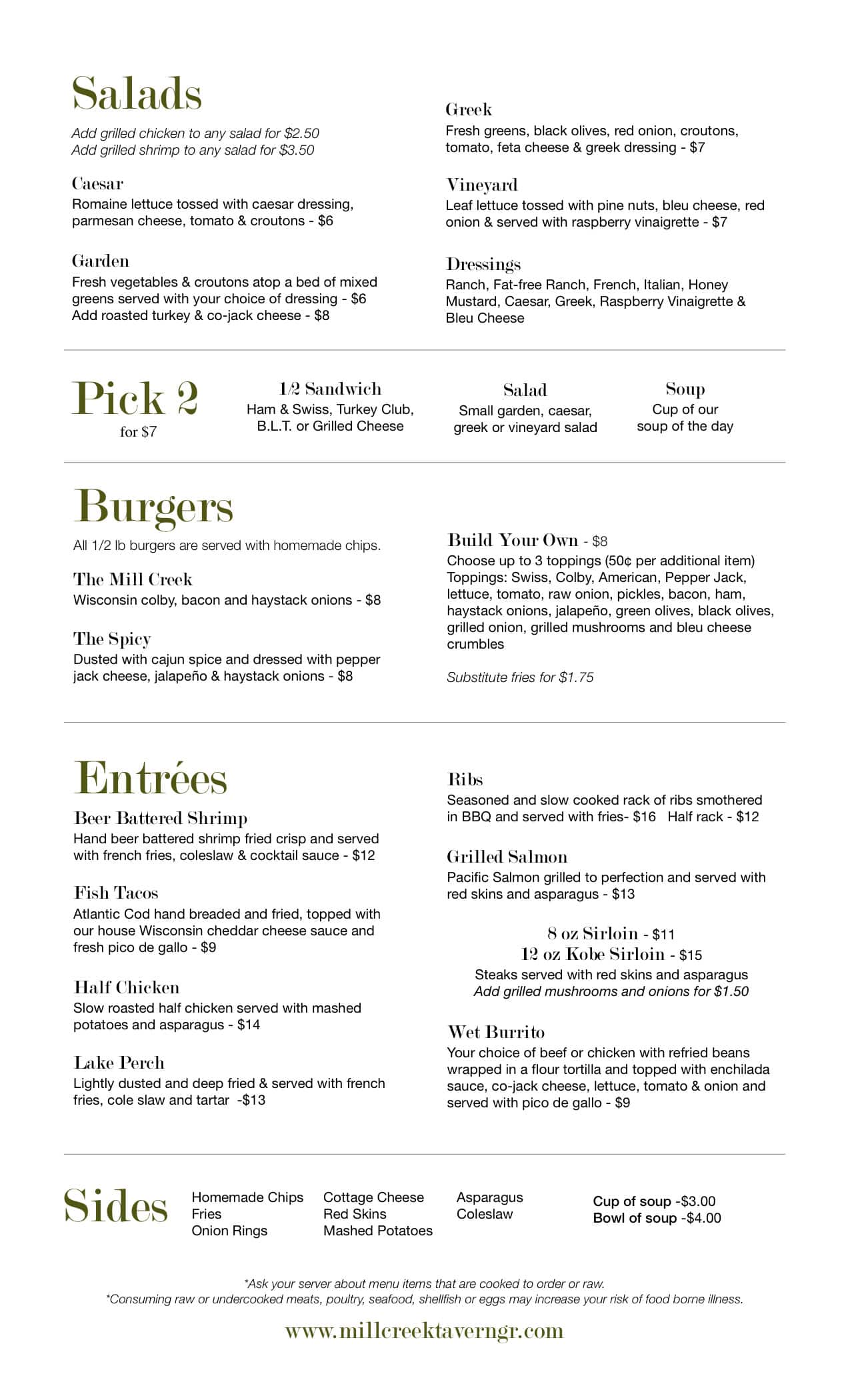 Menu at Mill Creek Tavern pub & bar, Comstock Park, W River Dr NE