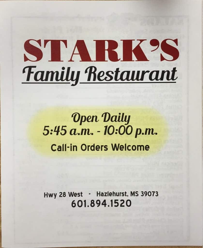 Menu at Stark's Family Restaurant, Hazlehurst
