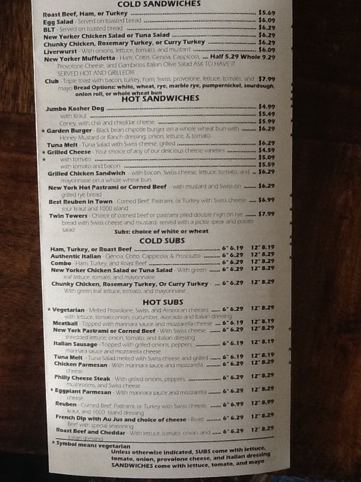 Menu at New Yorker Deli & Pizzeria, Pensacola